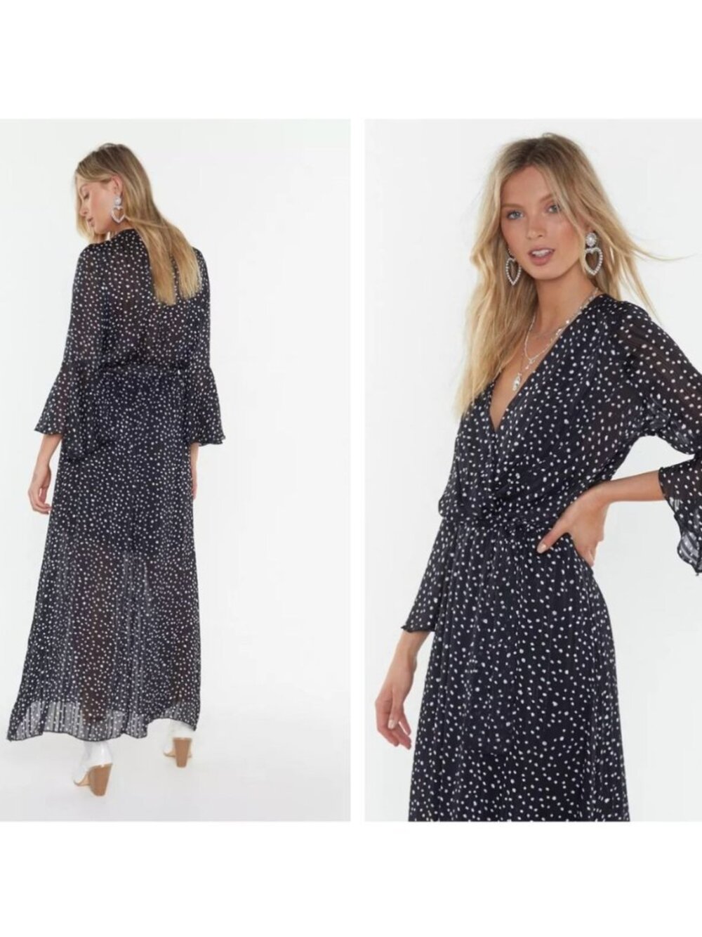 NWOT NASTY GAL Maxi Dress - M - Polka Dot Spots, Silver Thread, Black White
